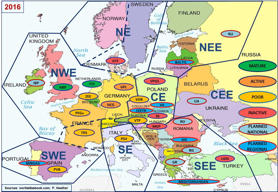 Map 1: European gas regions, markets and hubs in 2016